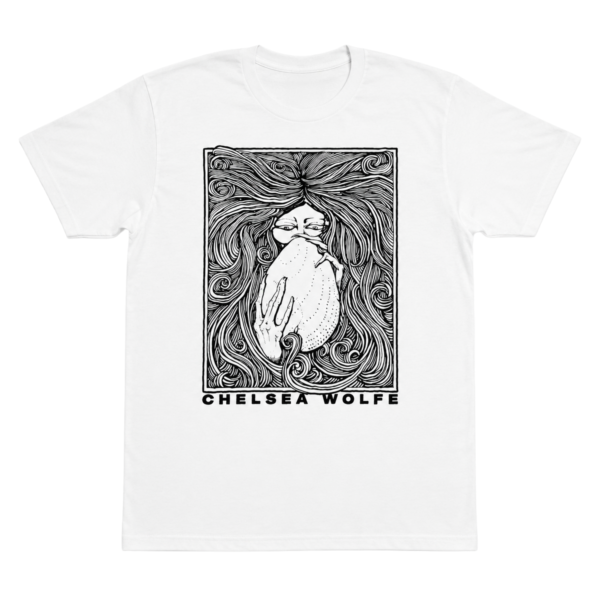 A white short-sleeve crewneck t-shirt featuring a black graphic print of a cat with long flowing hair and the text 'CHELSEA WOLFE' underneath, displayed on a clean white background.