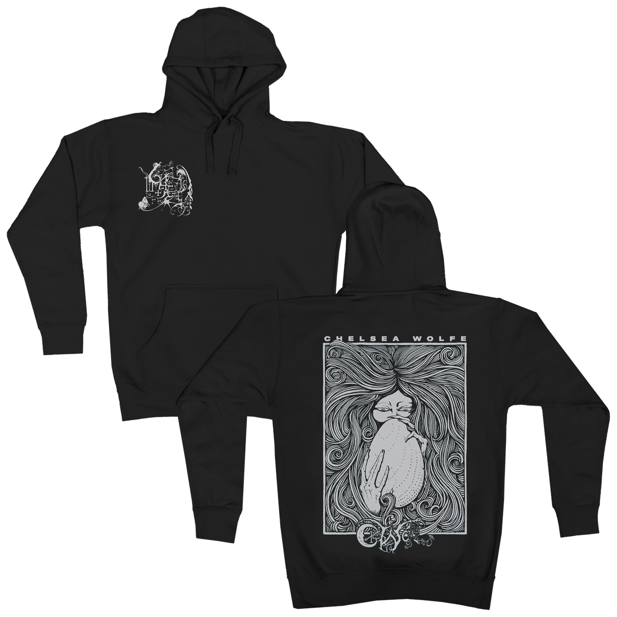 Three black hoodies shown on a white background: one front view with a small white chest graphic, one back view with a large white illustrated print and the text 'CHELSEA WOLFE' across the shoulders, and one side/back view showing the hood and drawstrings.