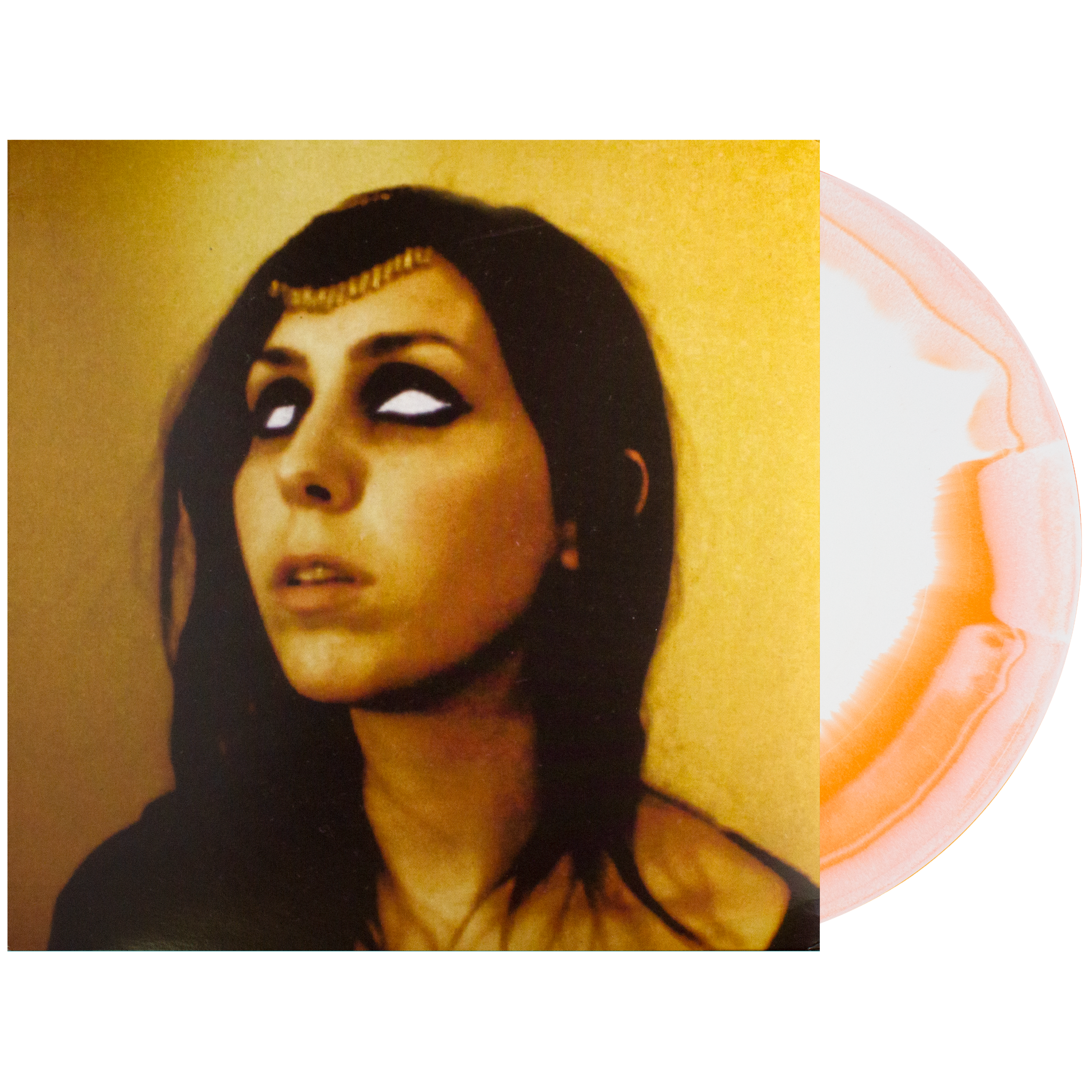 A vinyl record album cover featuring a portrait of a woman with dark hair and dramatic eye makeup against a warm yellow background, with a translucent pink-and-white marbled record partially visible on the right.