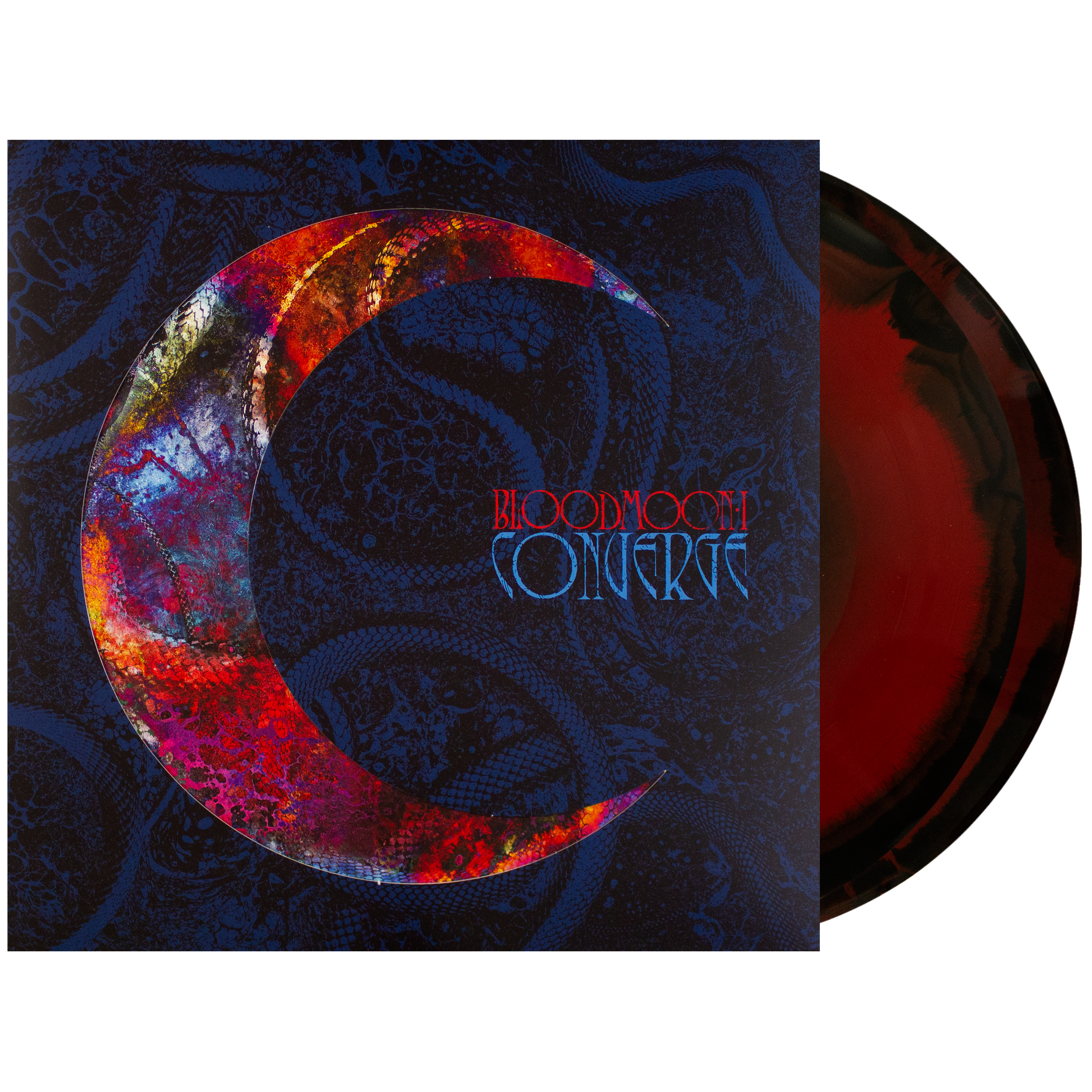 Woodmoon Confertee vinyl record with its illustrated album cover sleeve and a translucent red vinyl disc partially visible behind it.