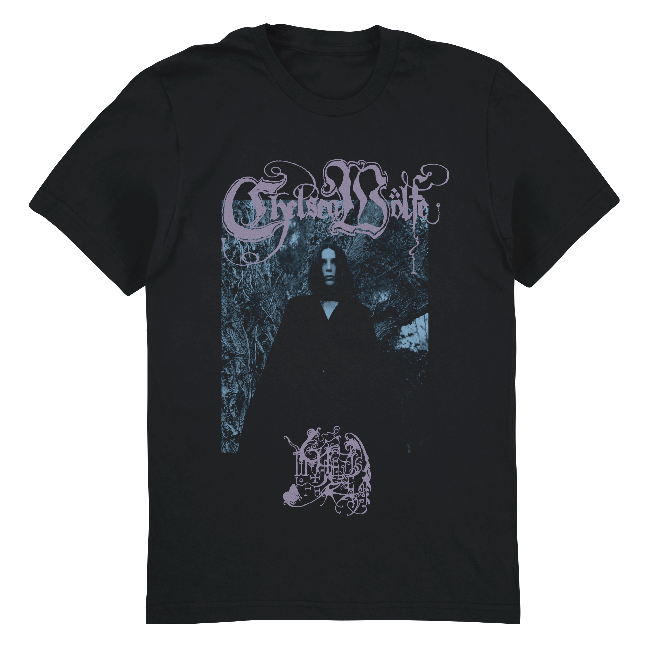 A black short-sleeve graphic t-shirt featuring a gothic-style print of a hooded figure in a dark cloak, with the stylized text 'Cybernetic Nightmare' in lavender-purple at the top and a matching graphic at the bottom, shown against a plain white background.