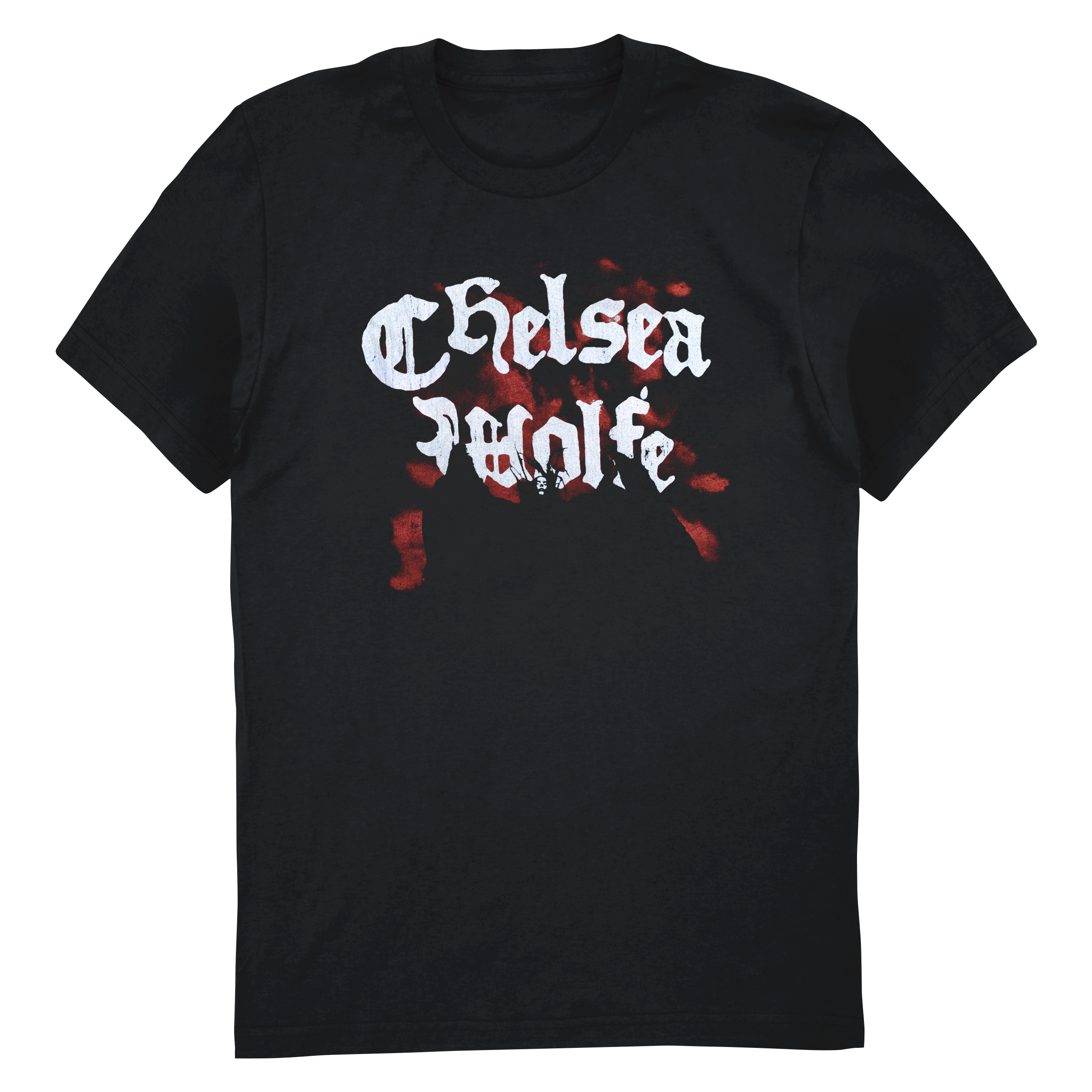 A black short-sleeve crewneck t-shirt featuring the text 'Chelsea People' in a white gothic font, overlaid with a red blood-splatter graphic on the chest, shown against a plain white background.