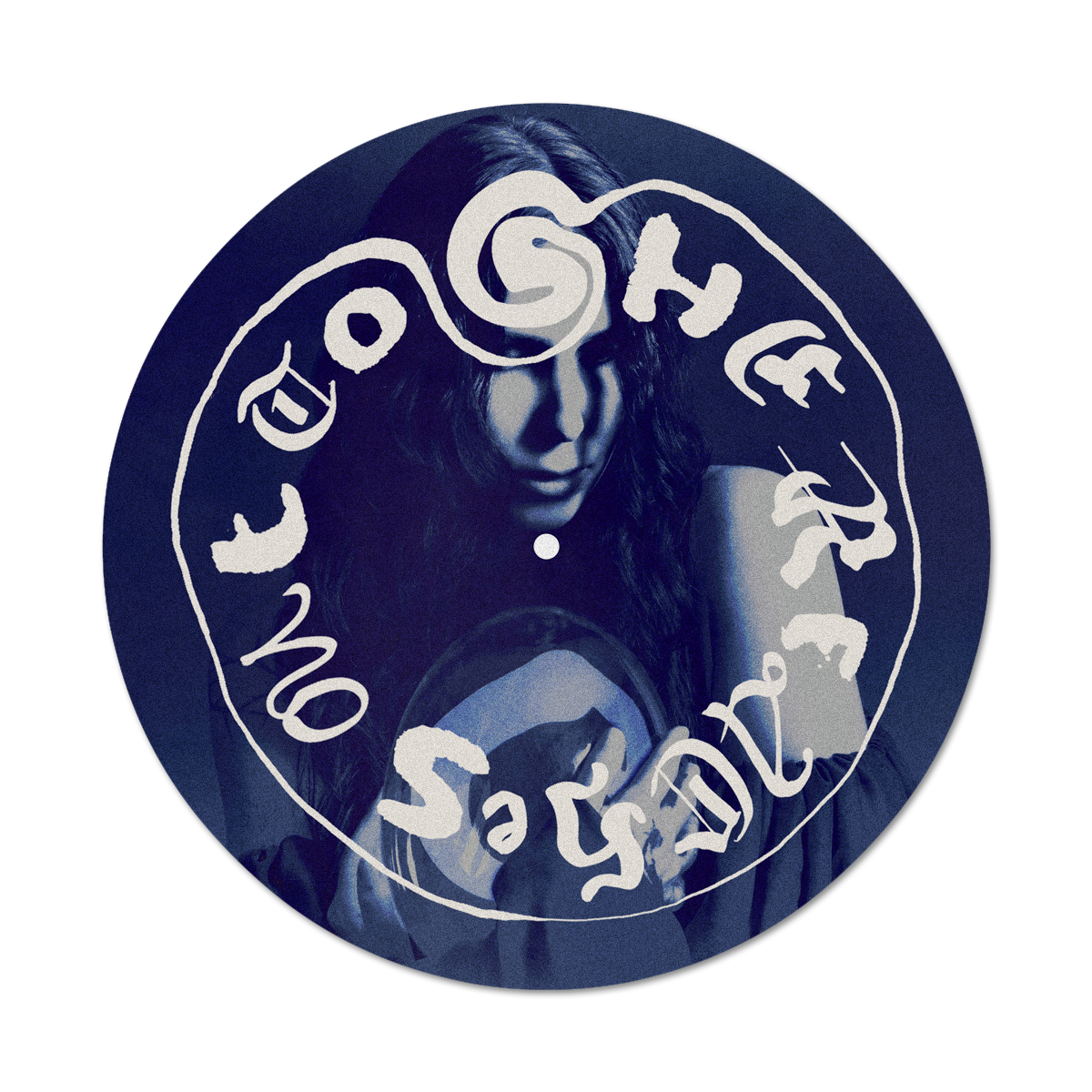 A circular vinyl record cover featuring a dark blue-toned portrait of a woman with stylized white text reading 'I DO GUESS' around the outer edge, shown on a plain white background.