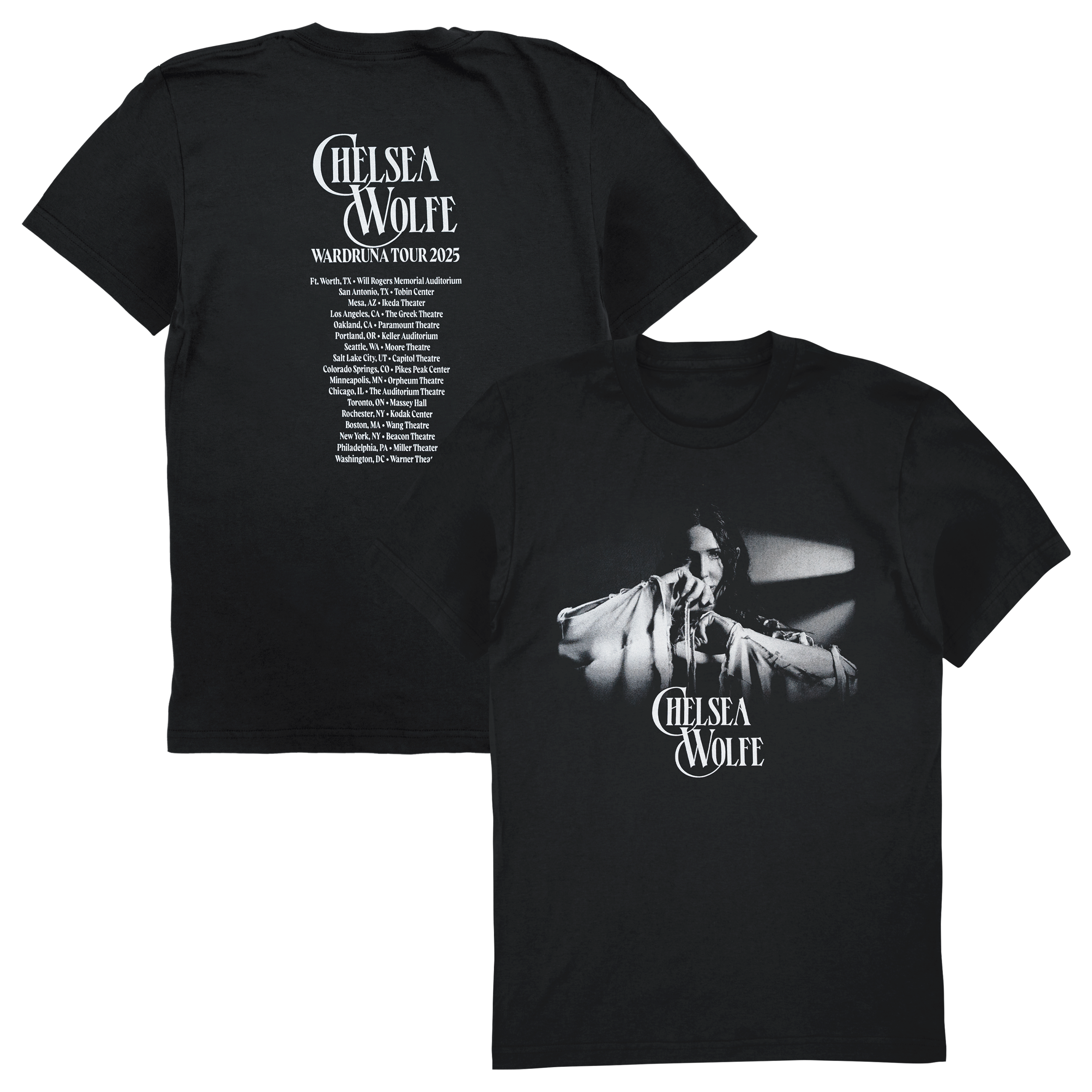 Black short-sleeve Chelsea Wolfe concert t-shirt showing both front and back designs. The front features a black-and-white graphic of the artist holding a microphone with the Chelsea Wolfe logo below.