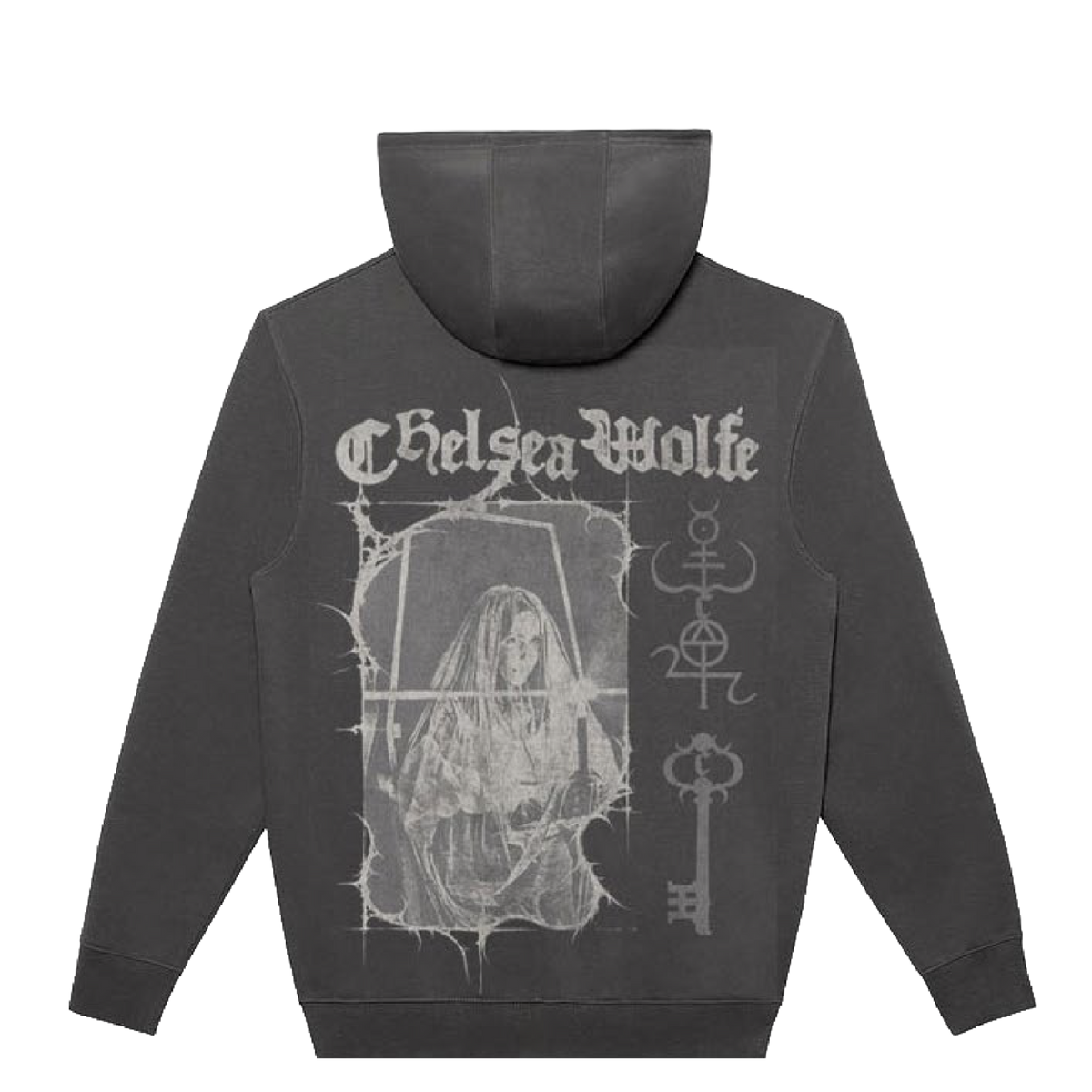 A dark gray hooded sweatshirt shown from the back, featuring a large light gray graphic print with the text 'Chelsea Wolfe' in a gothic font above an illustrated figure and occult-style symbols.