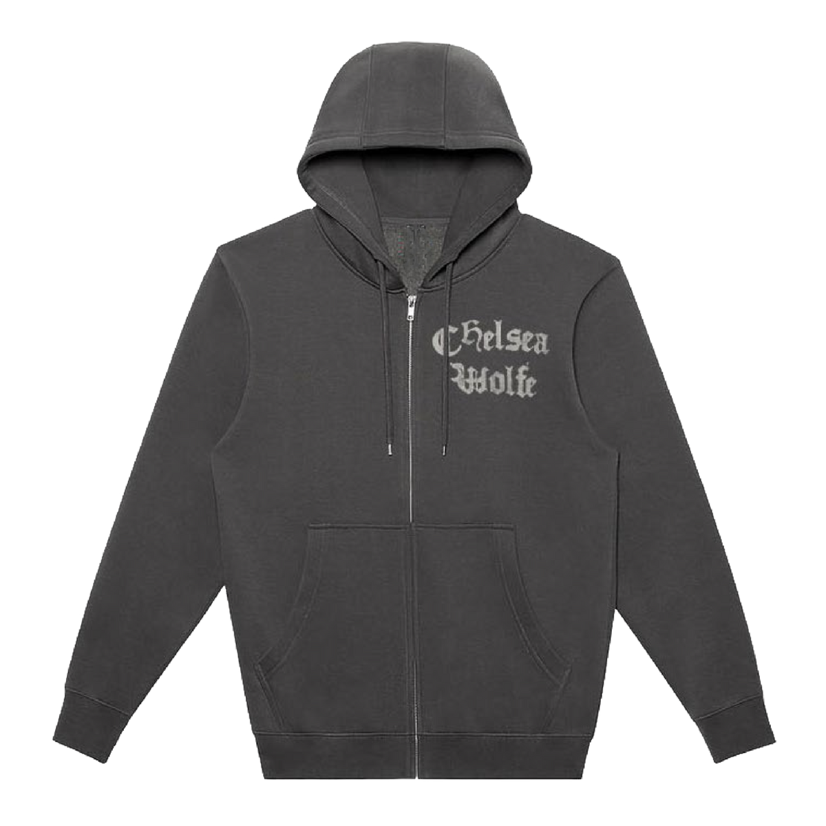 A dark gray zip-up hoodie with a drawstring hood and kangaroo pockets, featuring the text 'Chelsea Wolfe' in a gothic font on the left chest, displayed on a clean white background.