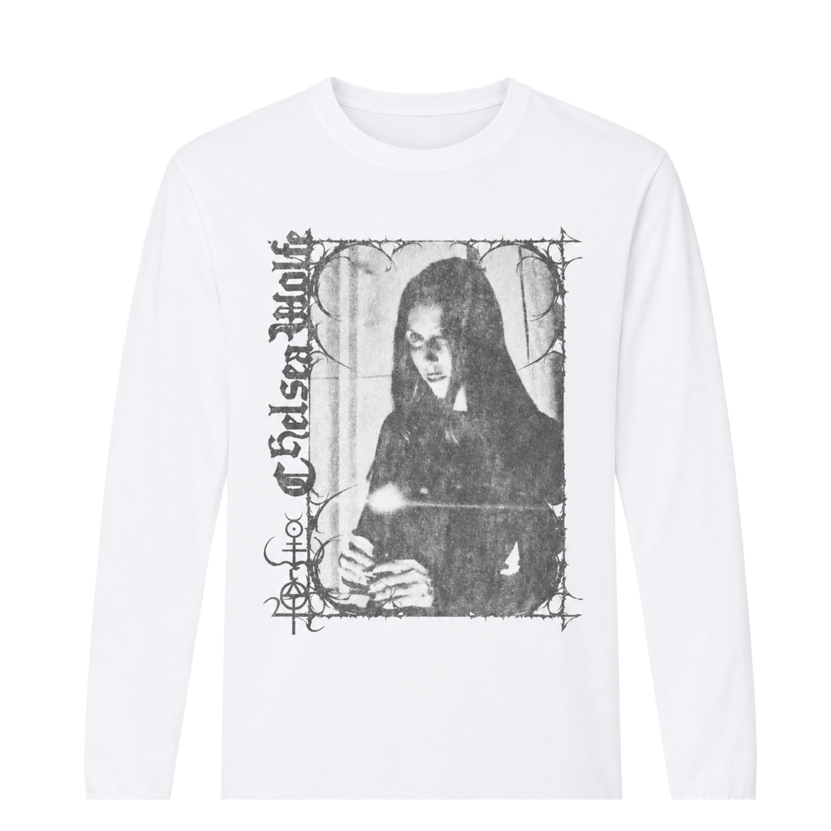A white long-sleeve t-shirt featuring a black-and-white graphic print of a hooded figure with the text 'Death of Chelsea Wolfe' on the front, displayed against a solid white background.