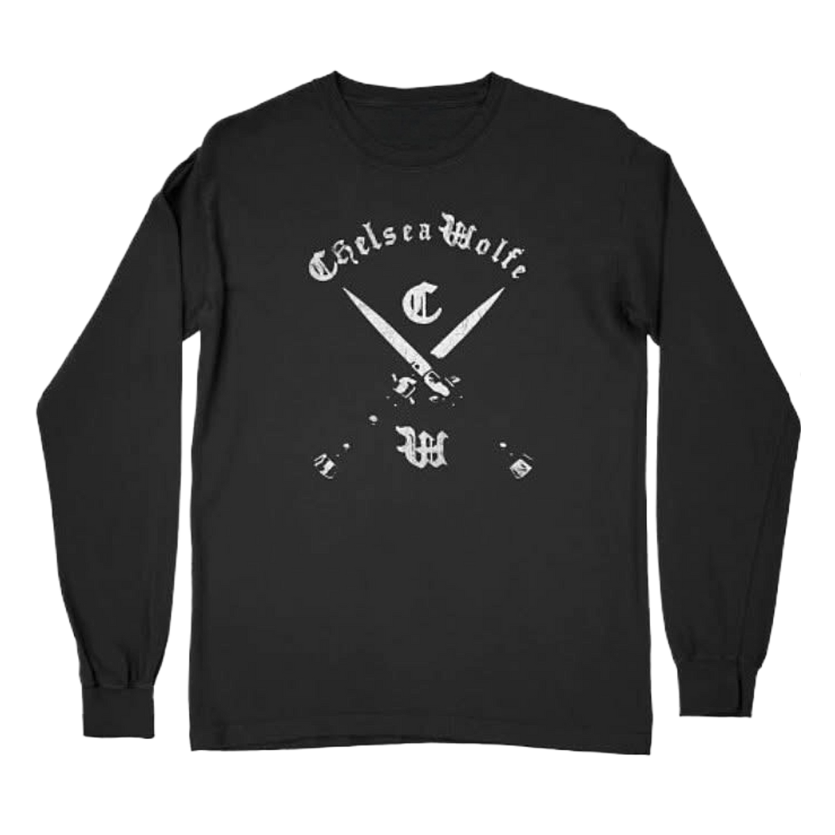 A black long-sleeve t-shirt with a white graphic print on the front featuring the text 'Chelsea Wolfe' in a gothic font above crossed knives and monogram letters, displayed on a solid white background.