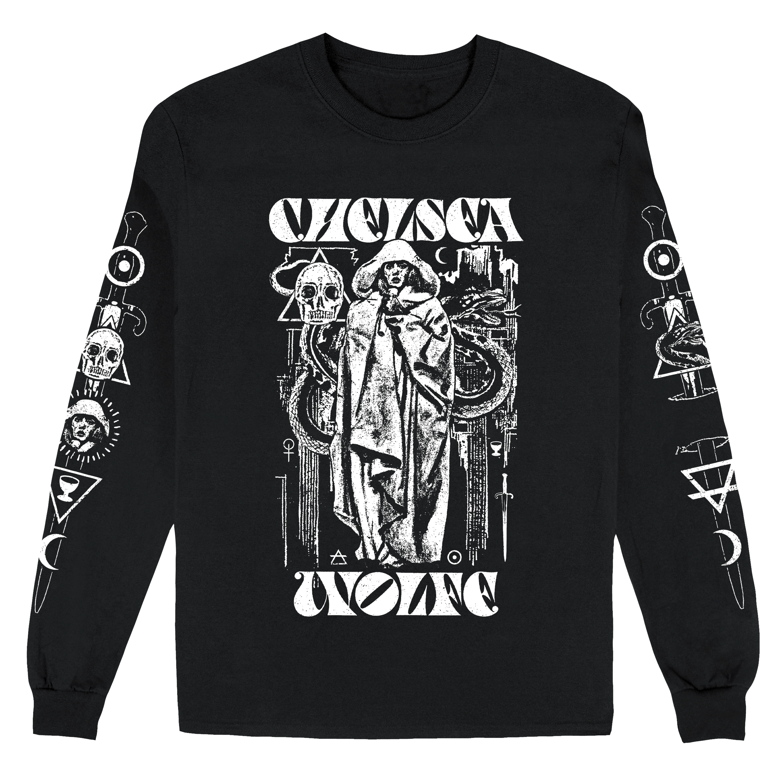 A black long-sleeve t-shirt with a white graphic print on the front and sleeves. The graphic features a gothic-style illustration of a hooded skeleton figure surrounded by occult symbols, with the word 'OOCISNA' printed above and 'WICAWA' below.