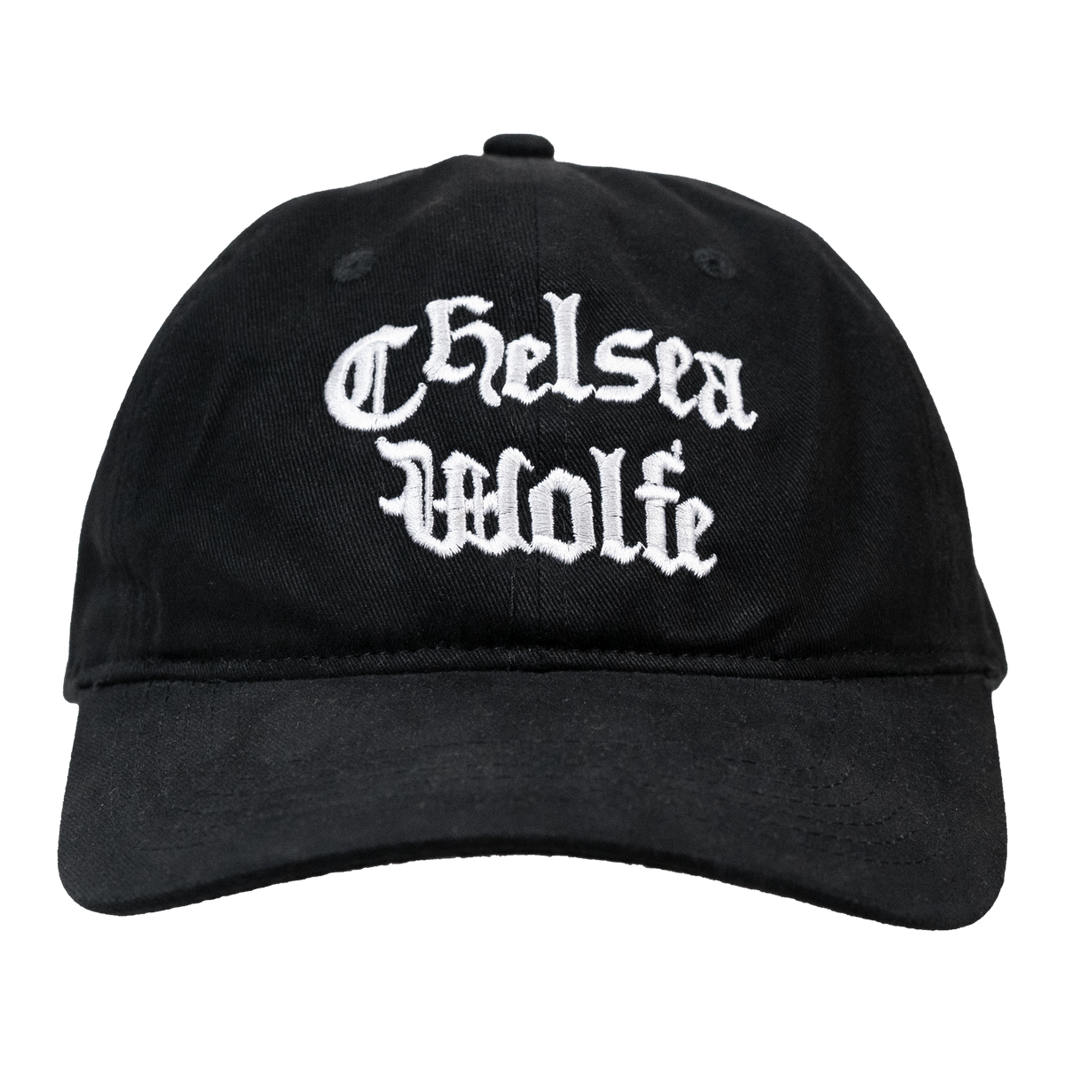 A black baseball cap with 'Chelsea Wolfe' embroidered in a white Gothic font on the front, shown against a plain white background.