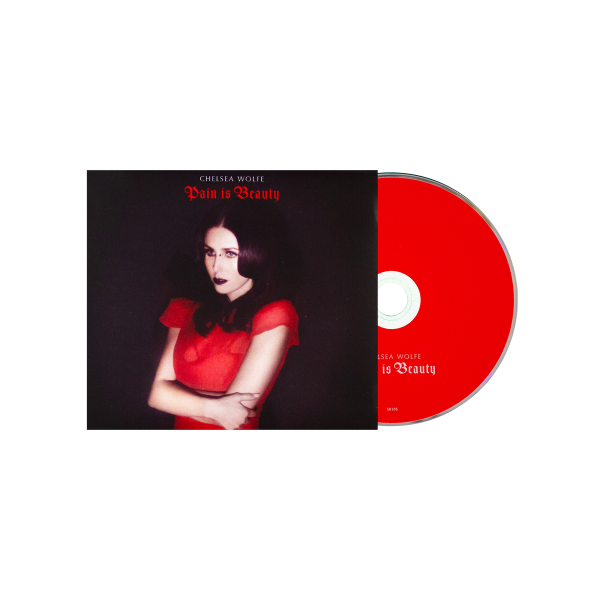 Chelsea Wolfe's album 'Pain is Beauty' shown with its black-and-red square cover art and a matching red CD on a plain white background.