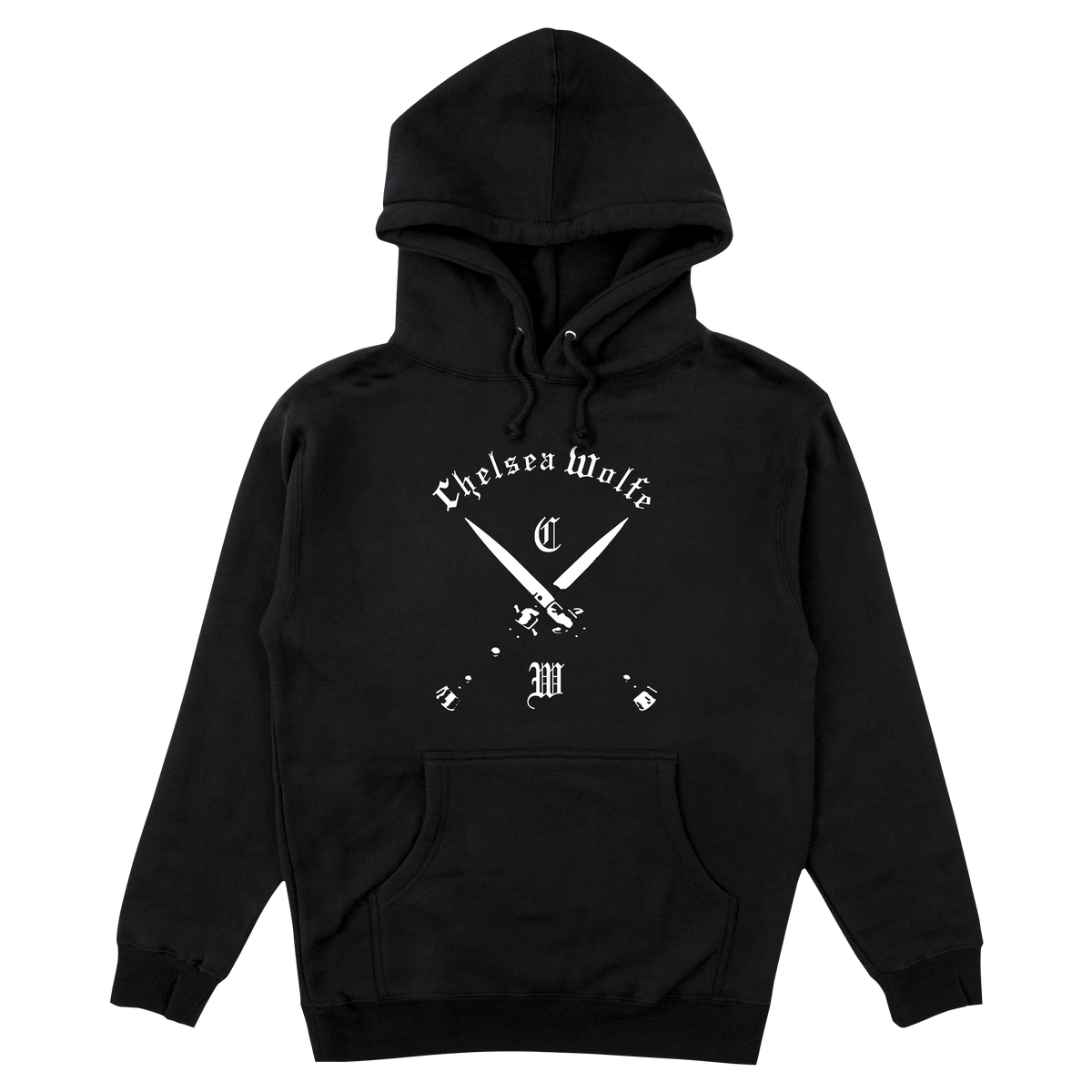 Black hoodie with a colorful cat face design on a white background