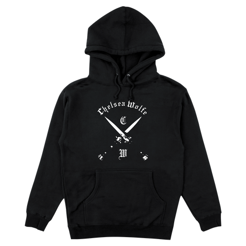 Black hoodie with a colorful cat face design on a white background