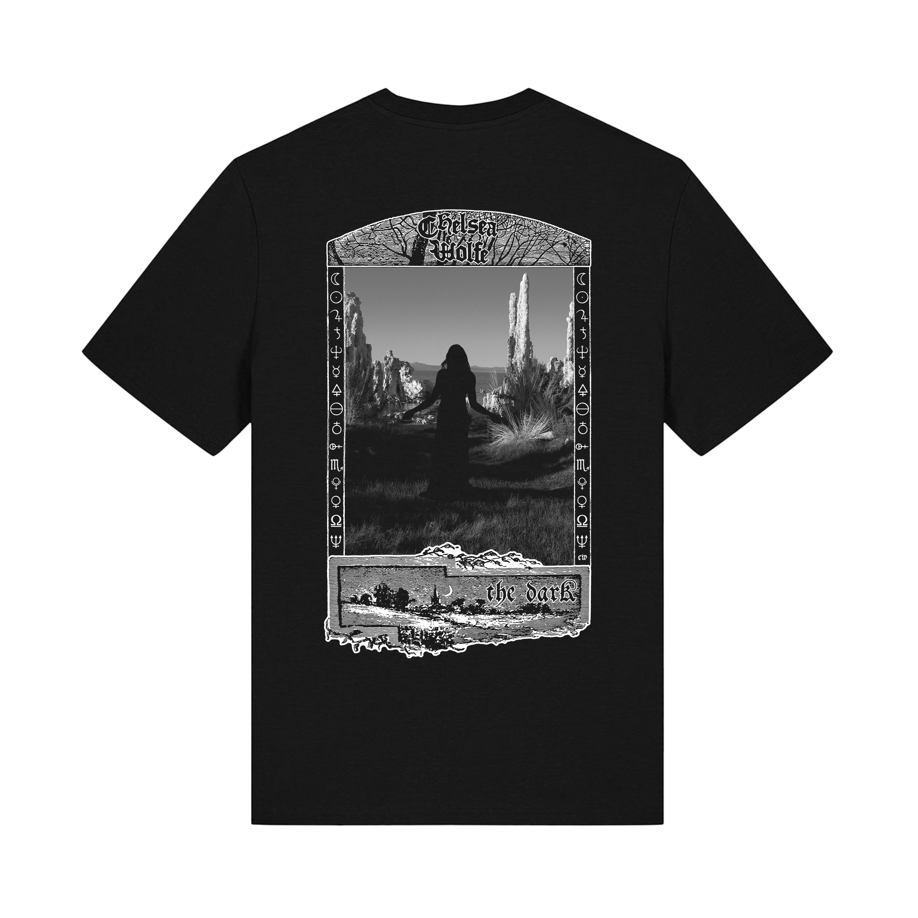 A black short-sleeve t-shirt shown flat against a white background, featuring a large black-and-white graphic print on the front with a gothic fantasy scene framed by decorative borders and the text 'Cursed Shot' and 'The Dark'.