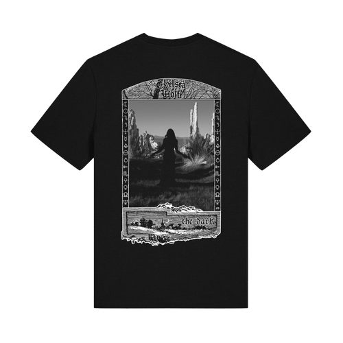 A black short-sleeve t-shirt shown flat against a white background, featuring a large black-and-white graphic print on the front with a gothic fantasy scene framed by decorative borders and the text 'Cursed Shot' and 'The Dark'.