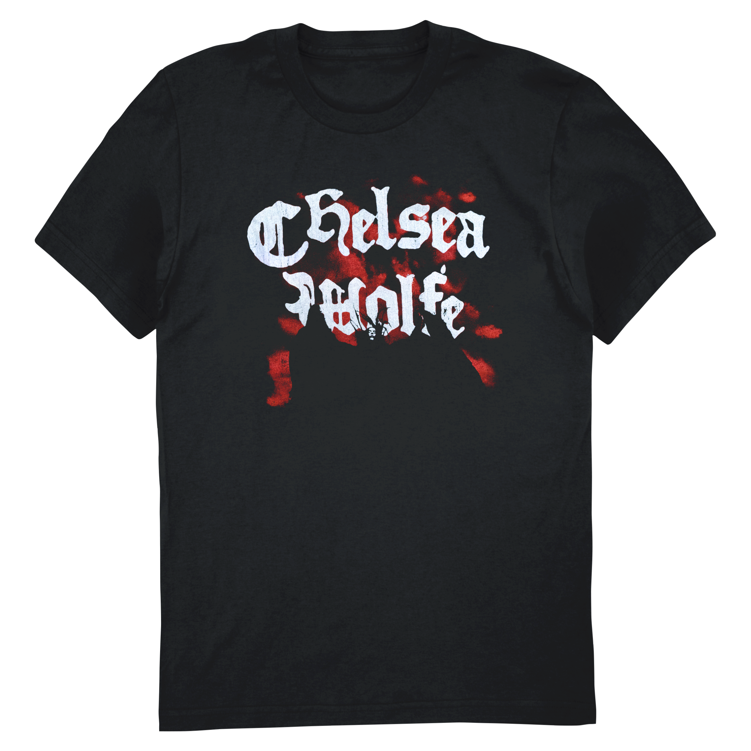 A black short-sleeve crewneck t-shirt featuring a graphic print on the front with the text 'Chelsea Football Club' in a white gothic font over a red blood-splatter background.
