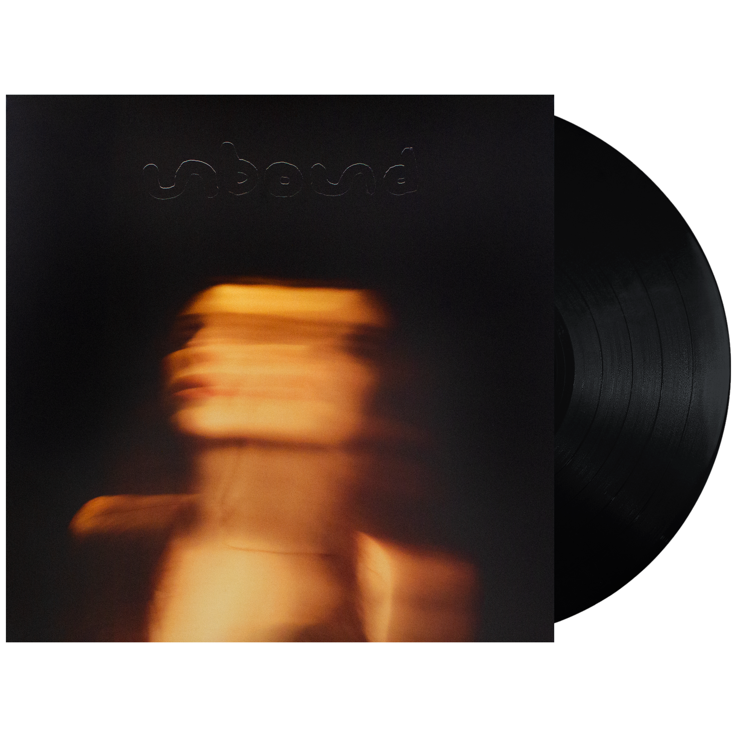 Vinyl record partially pulled from its sleeve, showing a black disc and a dark cover with a blurred warm-toned figure and embossed text near the top.