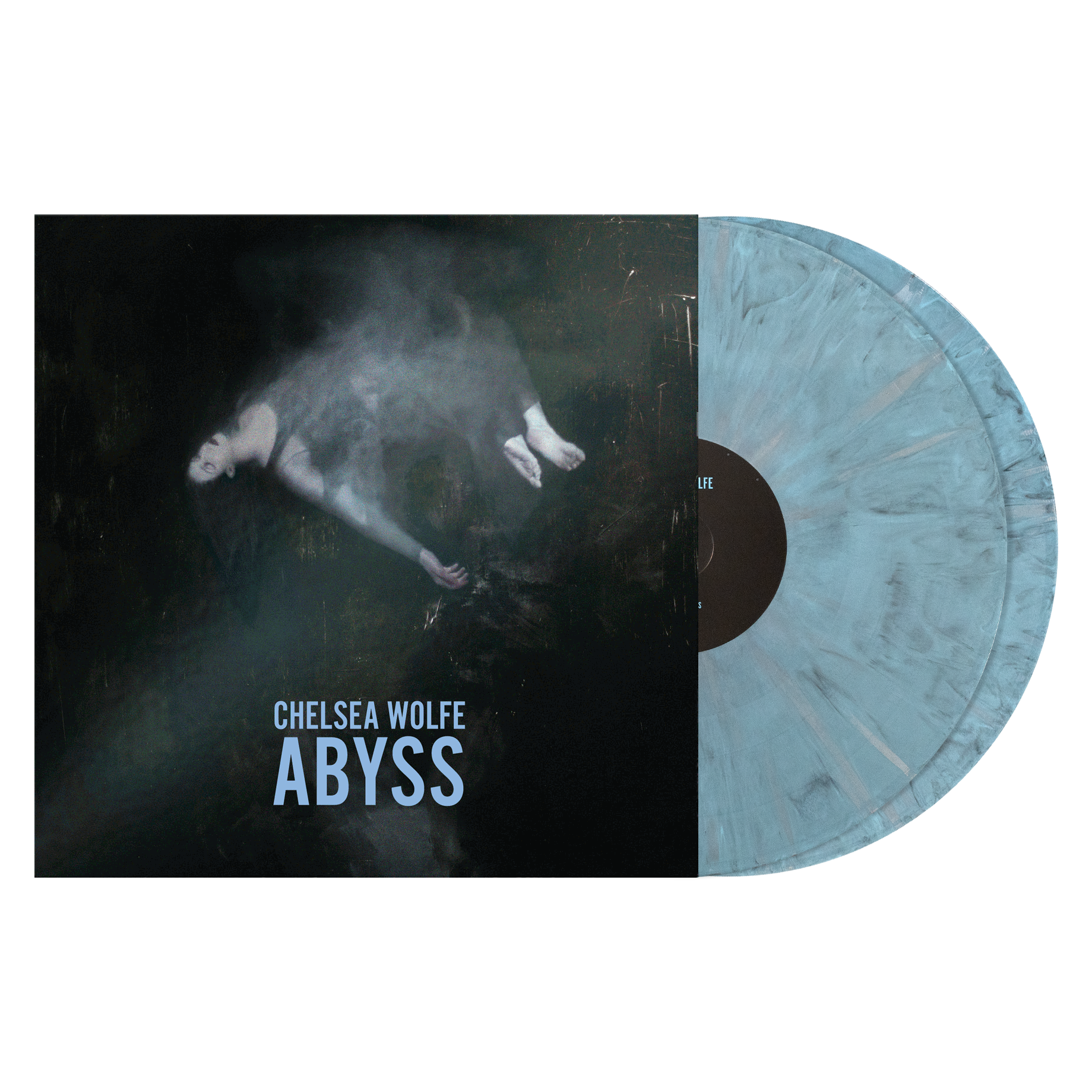 Chelsea Wolfe's 'Abyss' vinyl record shown with its dark illustrated sleeve and a translucent icy blue record partially pulled out, on a plain white background.