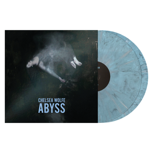 Chelsea Wolfe's 'Abyss' vinyl record shown with its dark illustrated sleeve and a translucent icy blue record partially pulled out, on a plain white background.