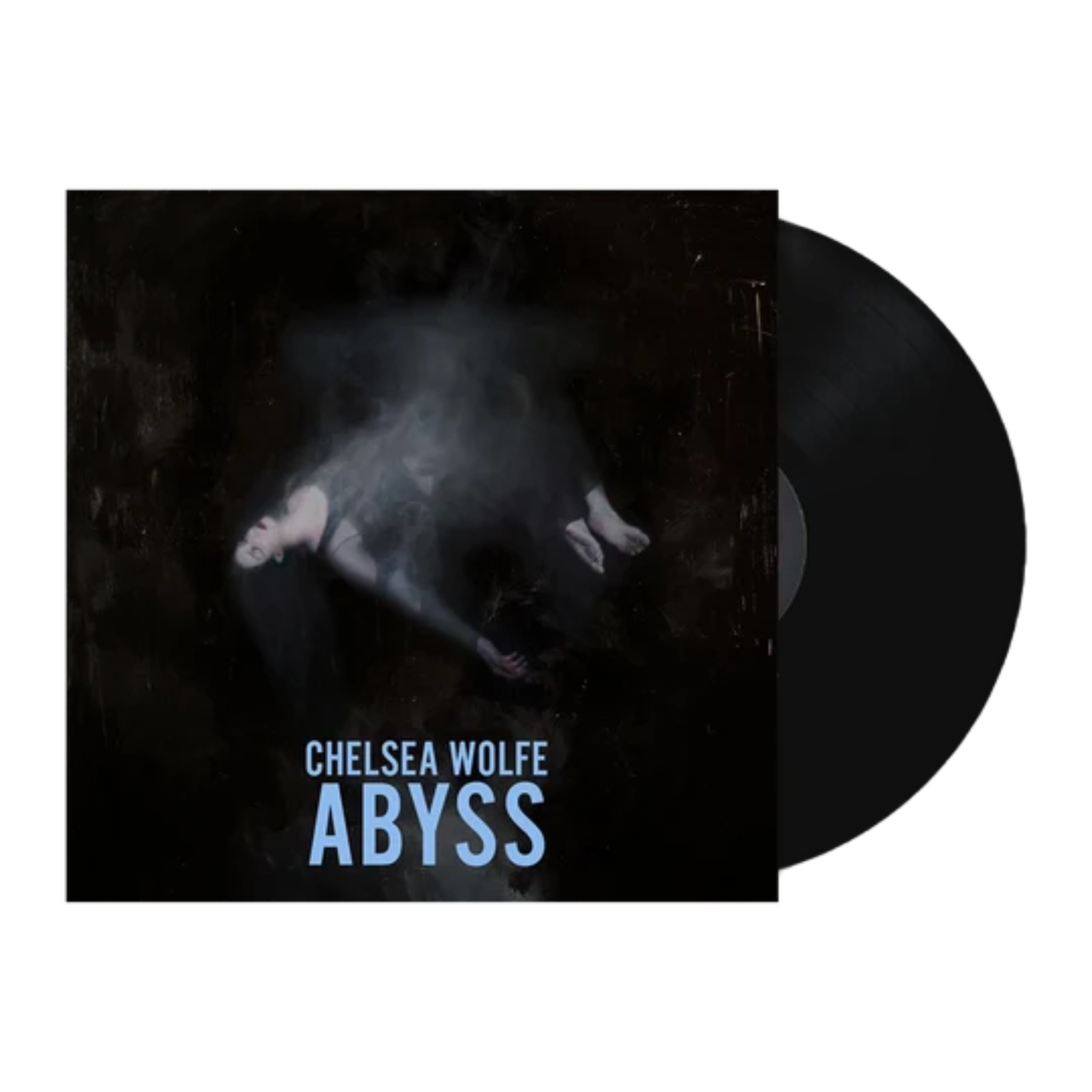 Chelsea Wolfe's vinyl record album 'Abyss' shown with its black square cover and a partially visible black vinyl disc on a plain white background.