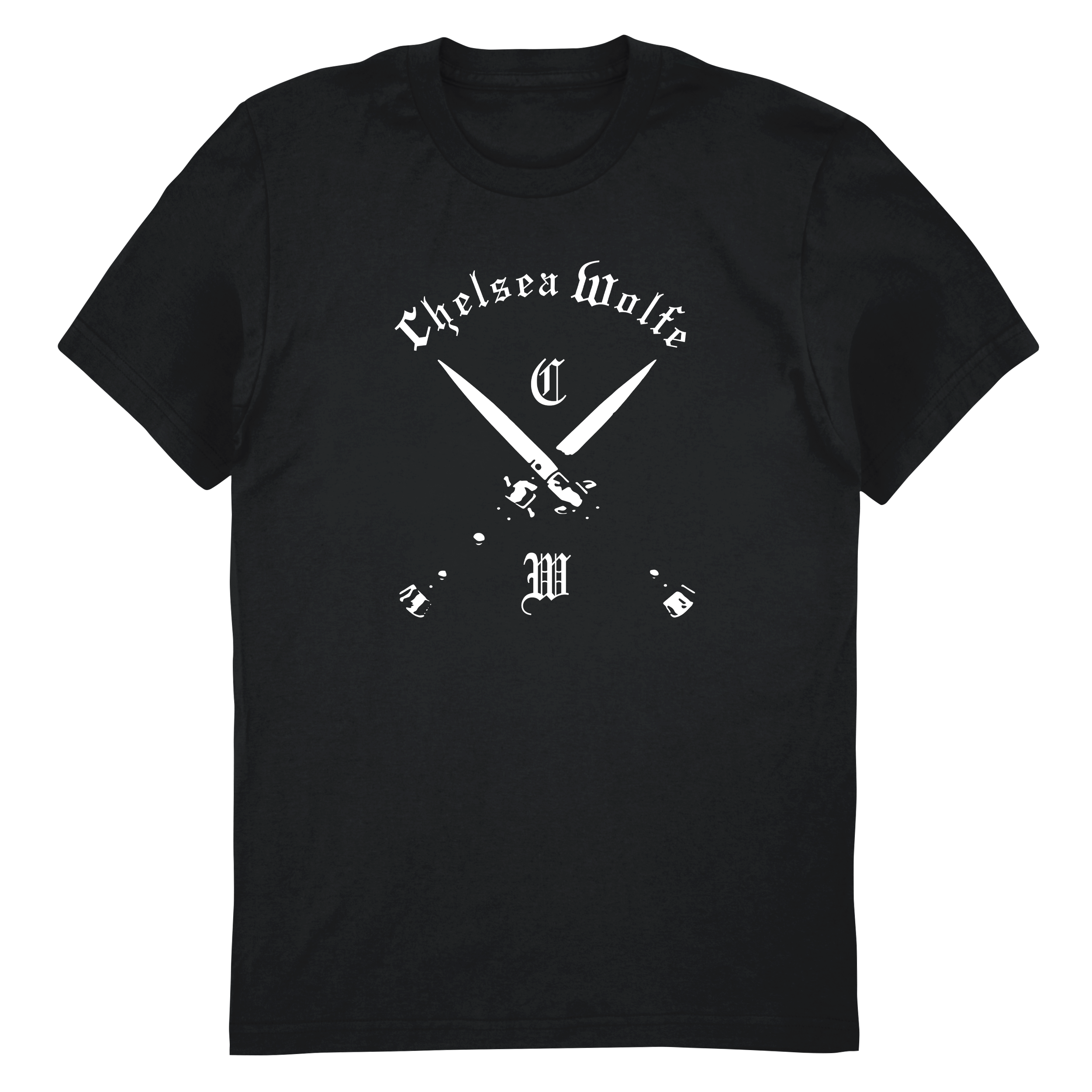 A black short-sleeve crewneck t-shirt with a white graphic on the front featuring the text 'Chelsen Wolfe' in a gothic font above two crossed swords and the letters 'C' and 'M'.