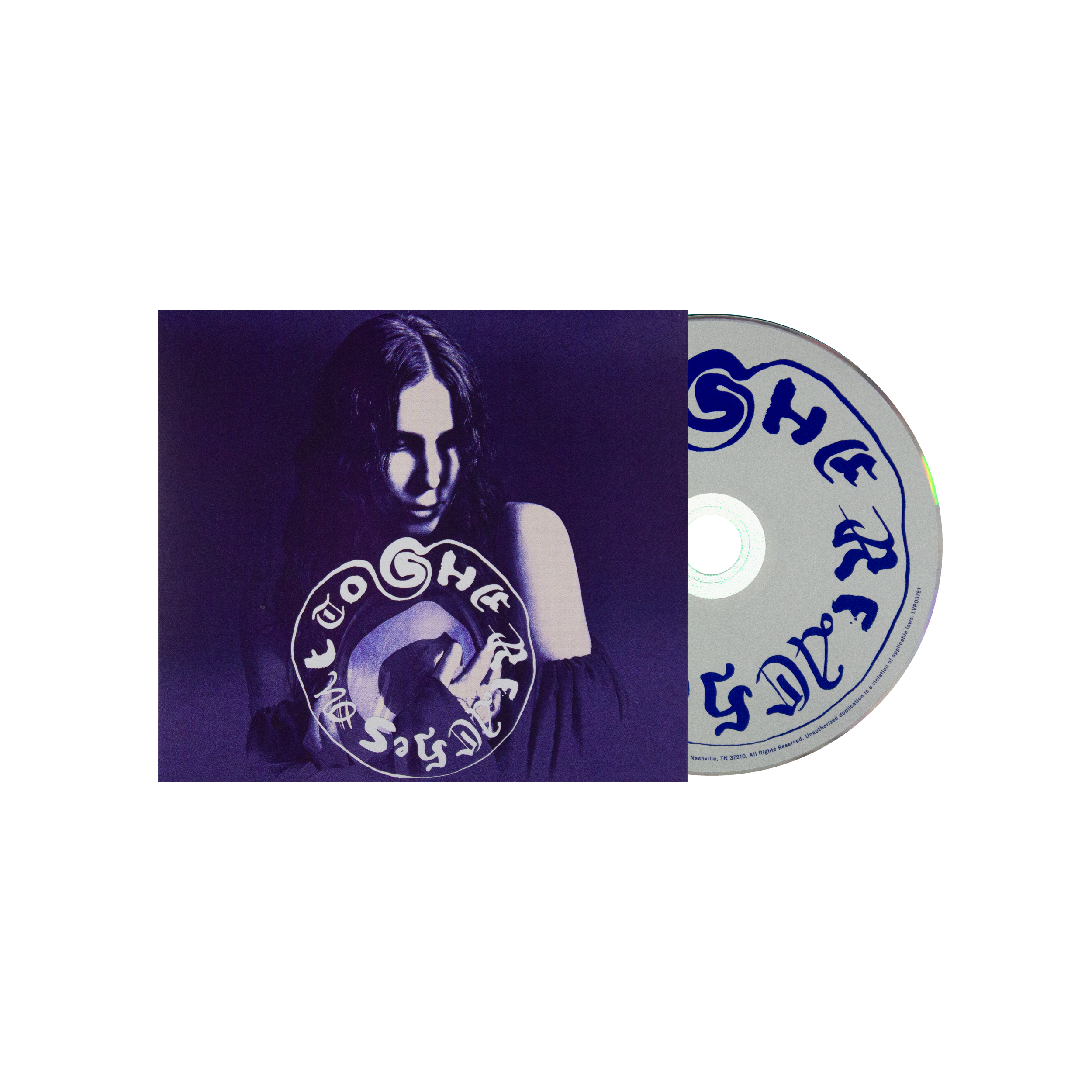 A CD album with a purple cover featuring a stylized portrait and the album title, shown partially slid out of the jewel case with the silver CD visible.
