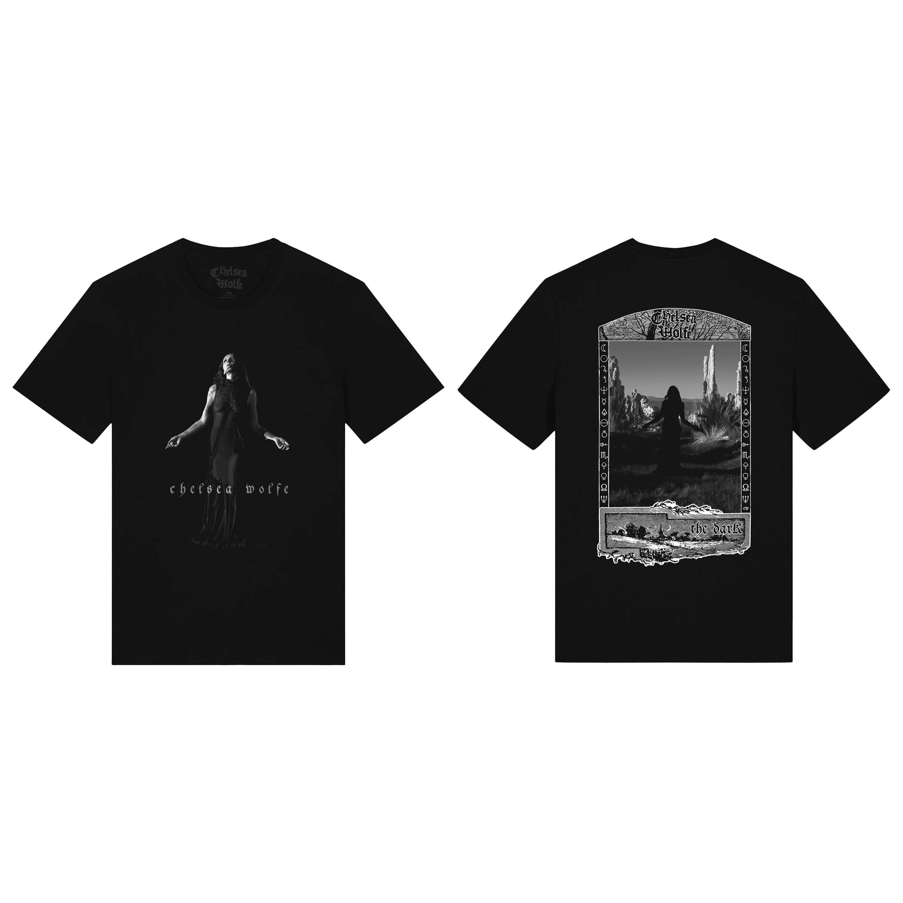 Black short-sleeve graphic T-shirt shown from the front and back on a plain white background. The front features a grayscale figure with the text 'cheated waffe' below.