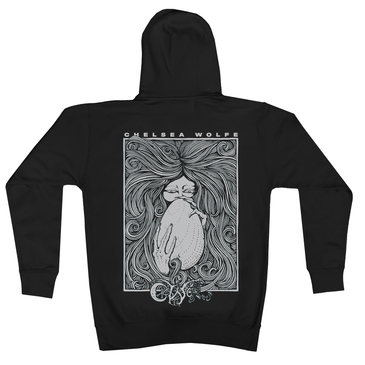 A black pullover hoodie shown from the back, featuring a large white line art graphic of a cat with long hair and the text 'CHELSEA WOLFE' above it.