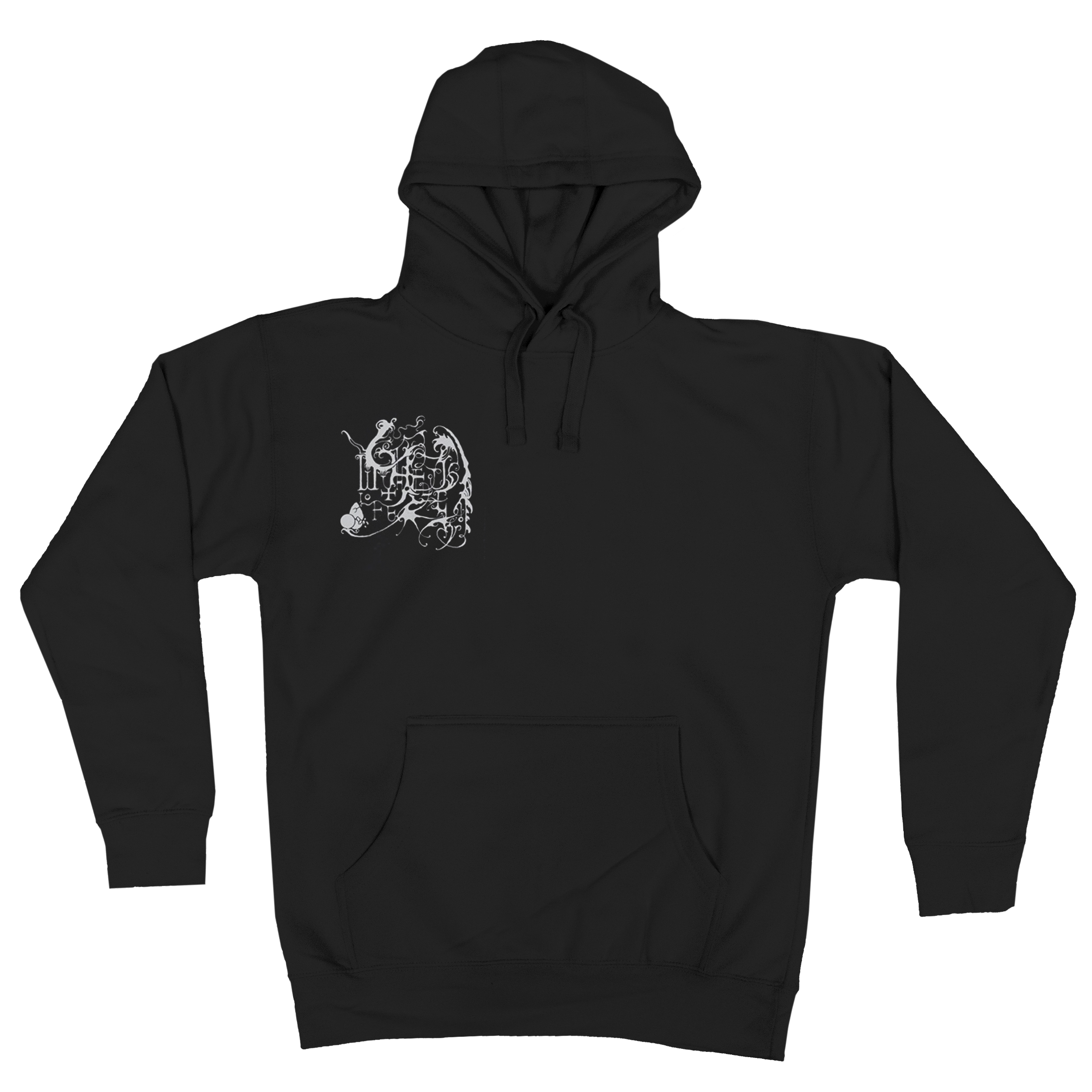 A black pullover hoodie with a white graphic print on the left chest, displayed on a solid white background.